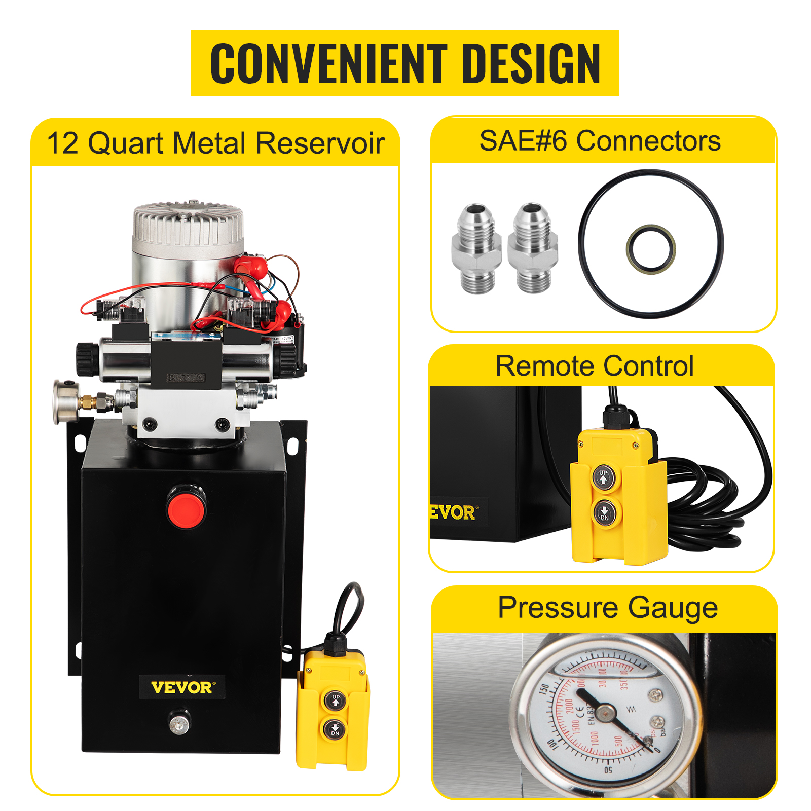 VEVOR hydraulic power unit with 12-quart metal reservoir, remote control, and pressure gauge.