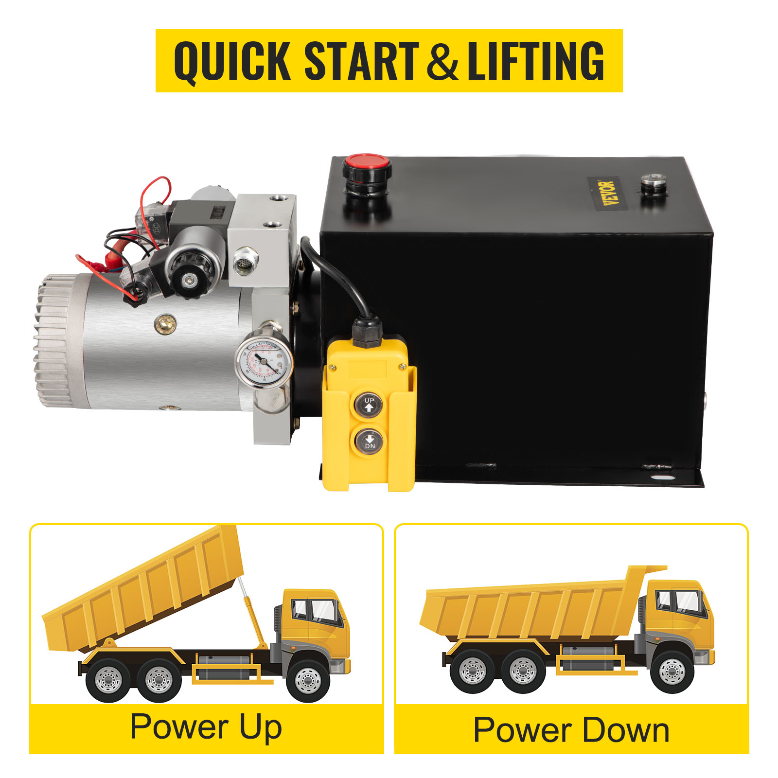 VEVOR hydraulic power unit with remote control, quick start, and lifting functions.