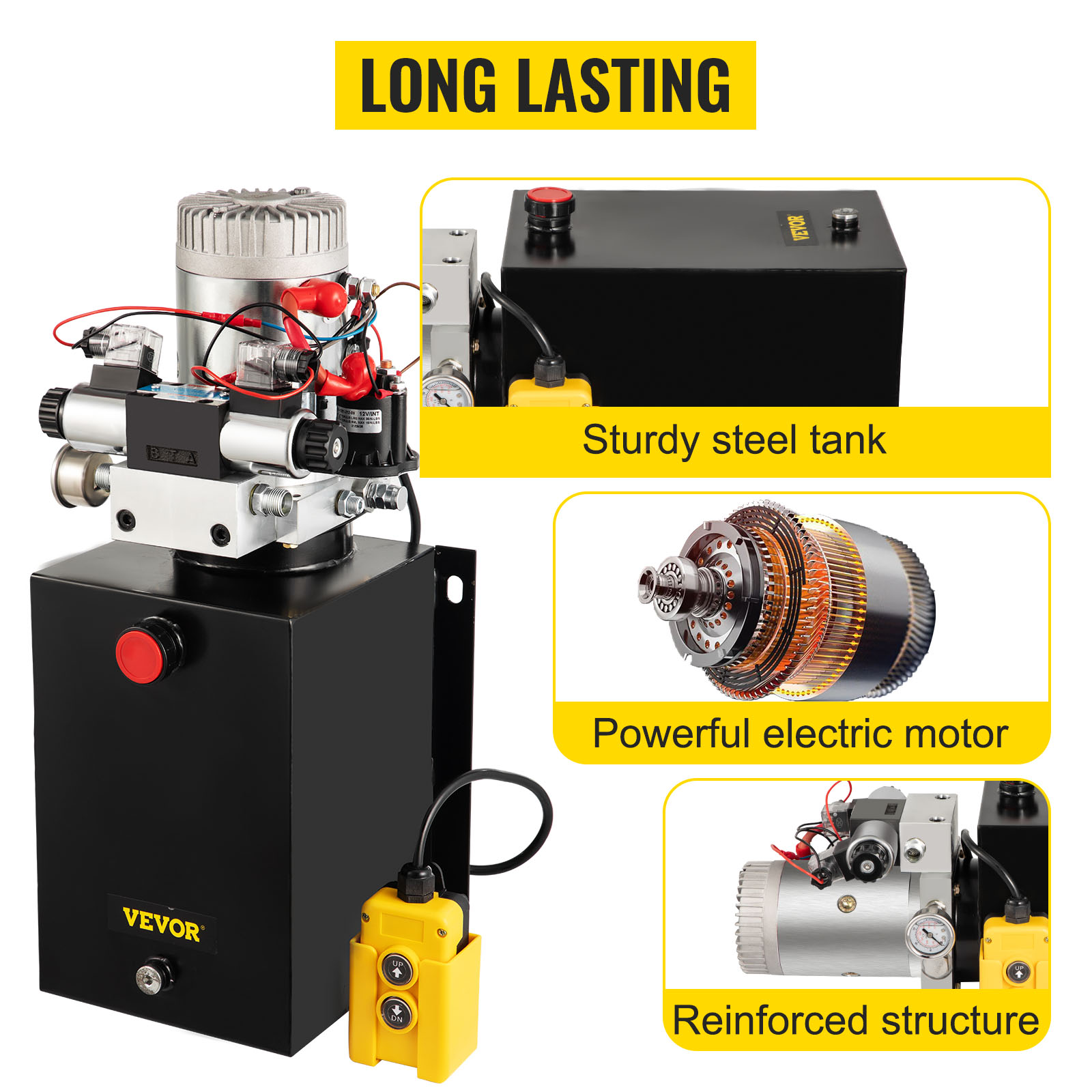 VEVOR hydraulic power unit with sturdy steel tank, powerful electric motor, and reinforced structure.