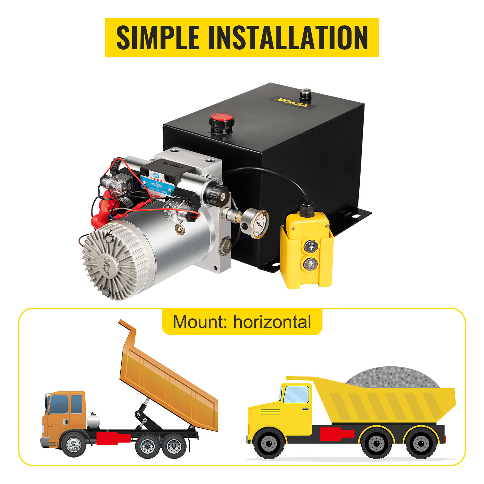 VEVOR hydraulic power unit with simple installation and horizontal mount for trucks.
