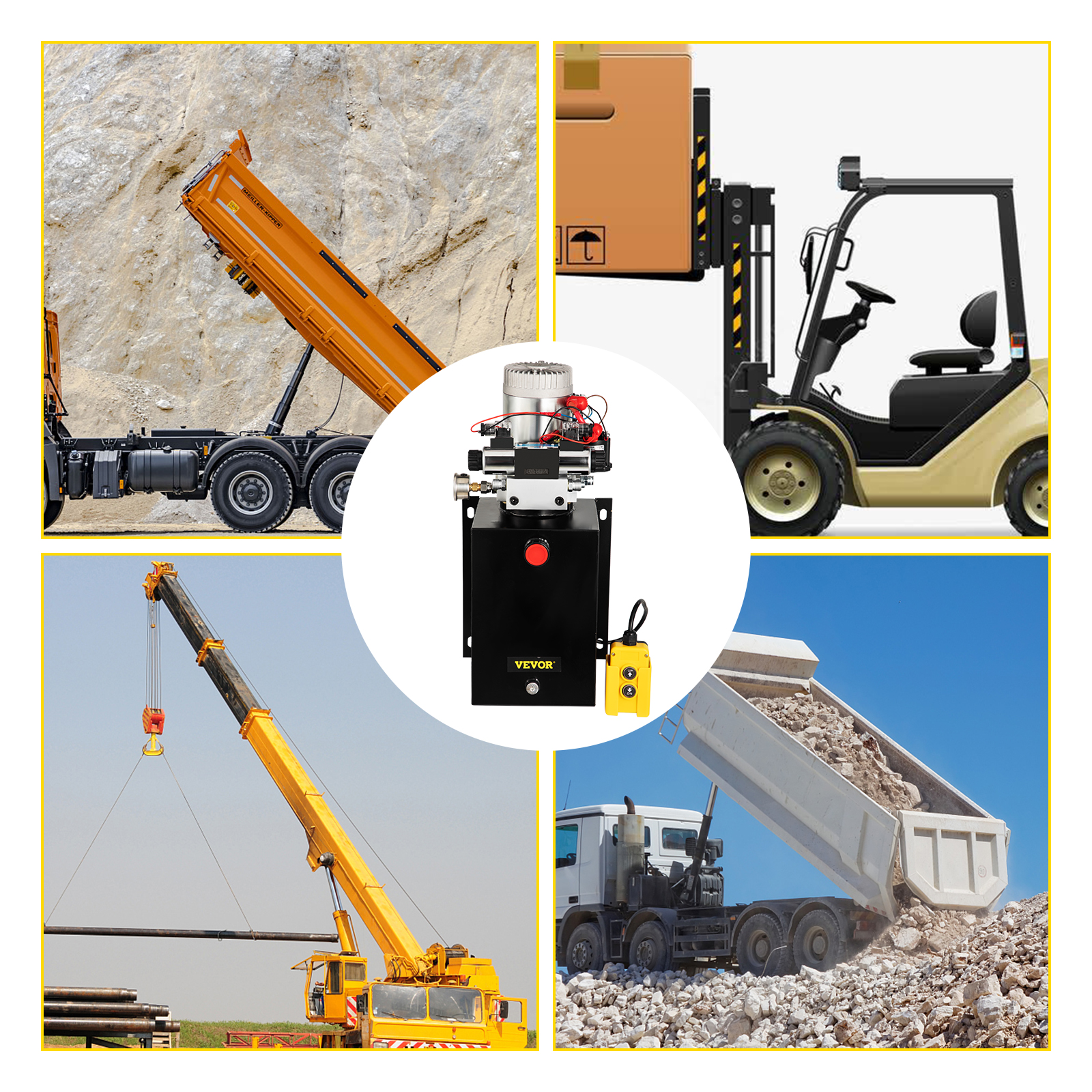 VEVOR hydraulic power unit used for dump trucks, forklifts, cranes, and loaders.