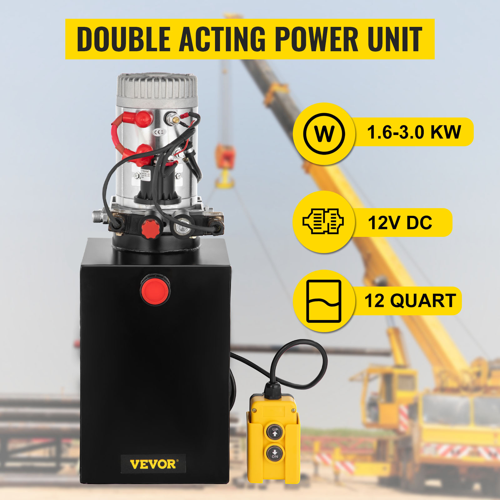 VEVOR hydraulic pump displayed with 1.6-3.0kw, 12v dc, and 12-quart capacity text and crane.