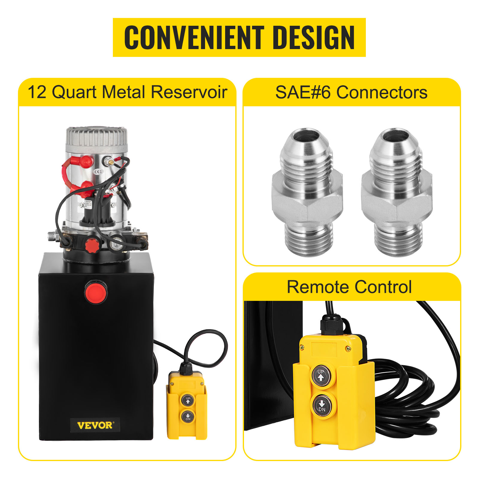 VEVOR hydraulic pump with 12 quart reservoir, sae#6 connectors, and remote control.