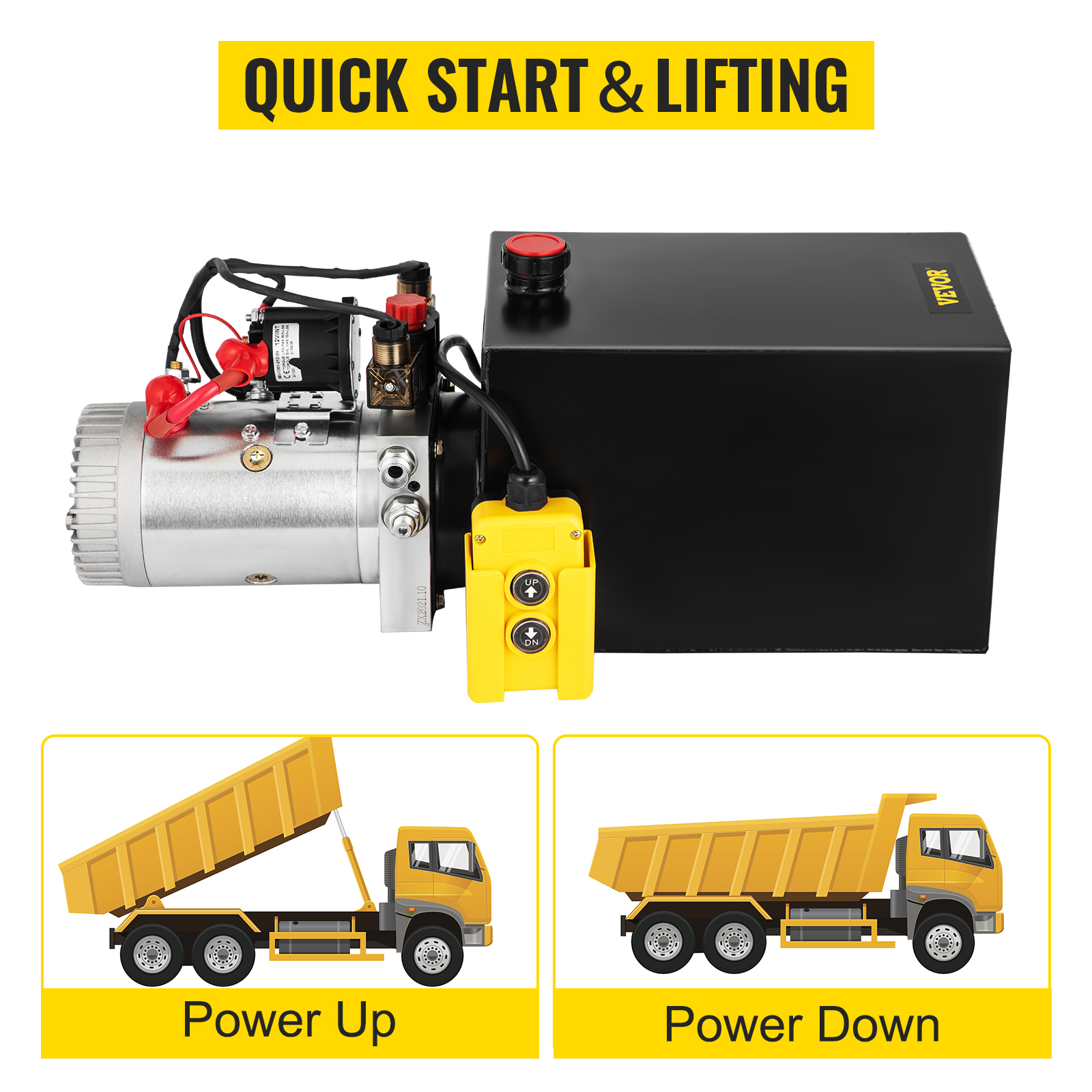 VEVOR hydraulic pump with quick start and lifting for trucks, power up and down.