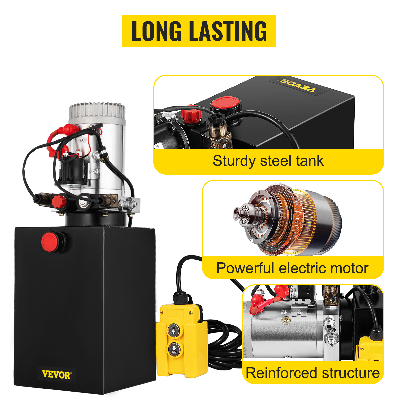 VEVOR hydraulic pump with sturdy steel tank, powerful electric motor, and reinforced structure.