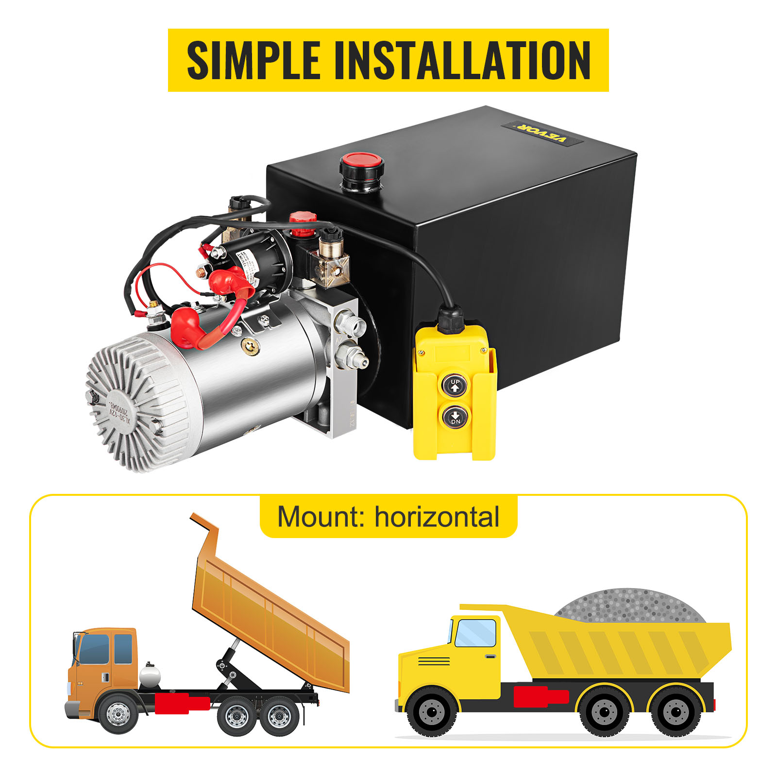 VEVOR hydraulic pump with horizontal mount, showcasing simple installation for trucks.