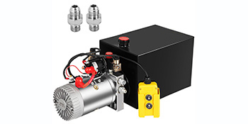 VEVOR hydraulic pump with a yellow control box, a black tank, and two connectors.