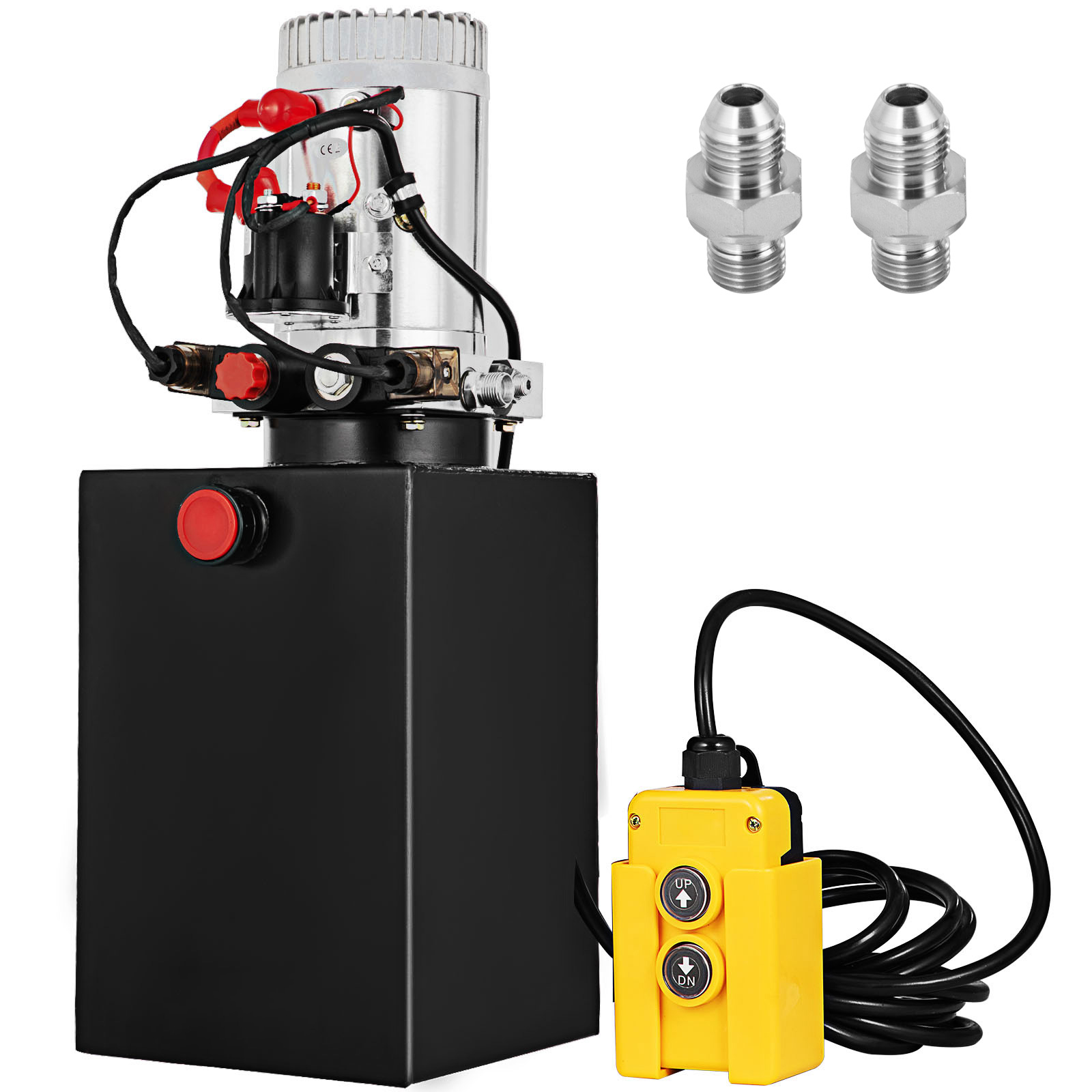 VEVOR hydraulic pump with control remote and connectors.