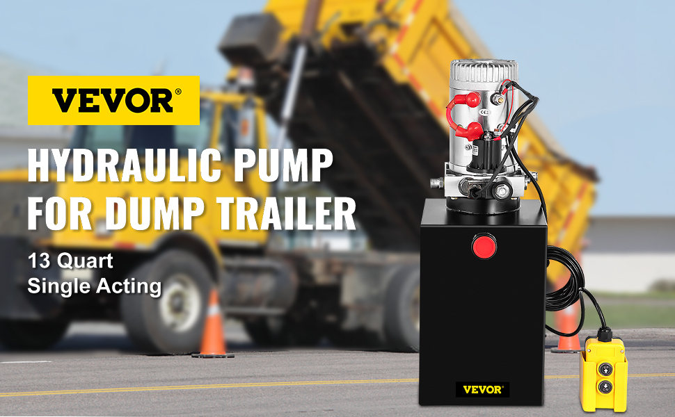 VEVOR 12v dump trailer hydraulic pump with yellow construction vehicle background.