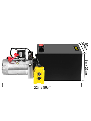 VEVOR 12v dump trailer hydraulic pump with dimensions in cm and inches.
