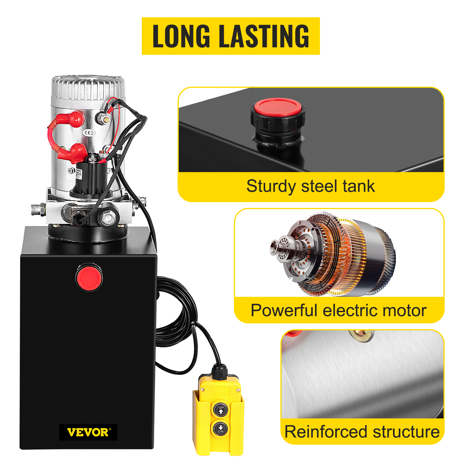 VEVOR 12v dump trailer hydraulic pump with sturdy steel tank and powerful electric motor.
