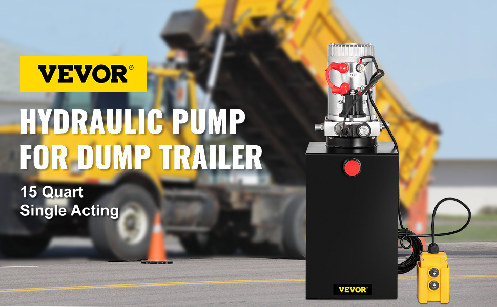 VEVOR hydraulic pump for dump trailer, 15 quart, single acting with yellow remote controller.