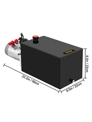 VEVOR hydraulic pump with dimensions 22.2in x 8.5in x 8.5in in black casing.