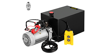 VEVOR hydraulic pump with black tank, motor, and yellow remote control.