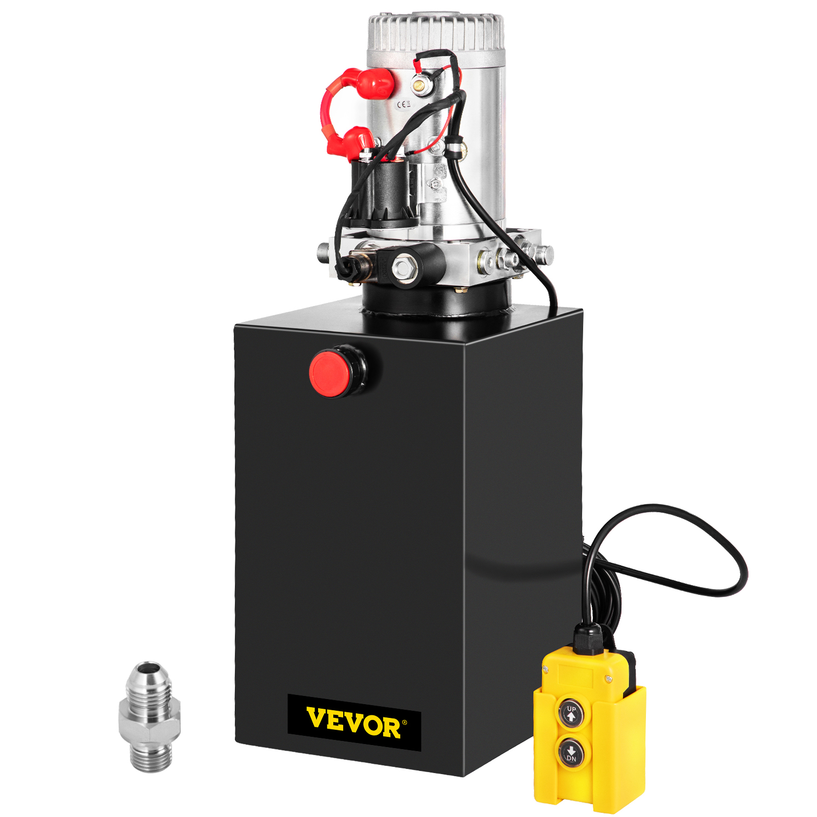 VEVOR hydraulic pump with yellow control switch and red button on black unit.