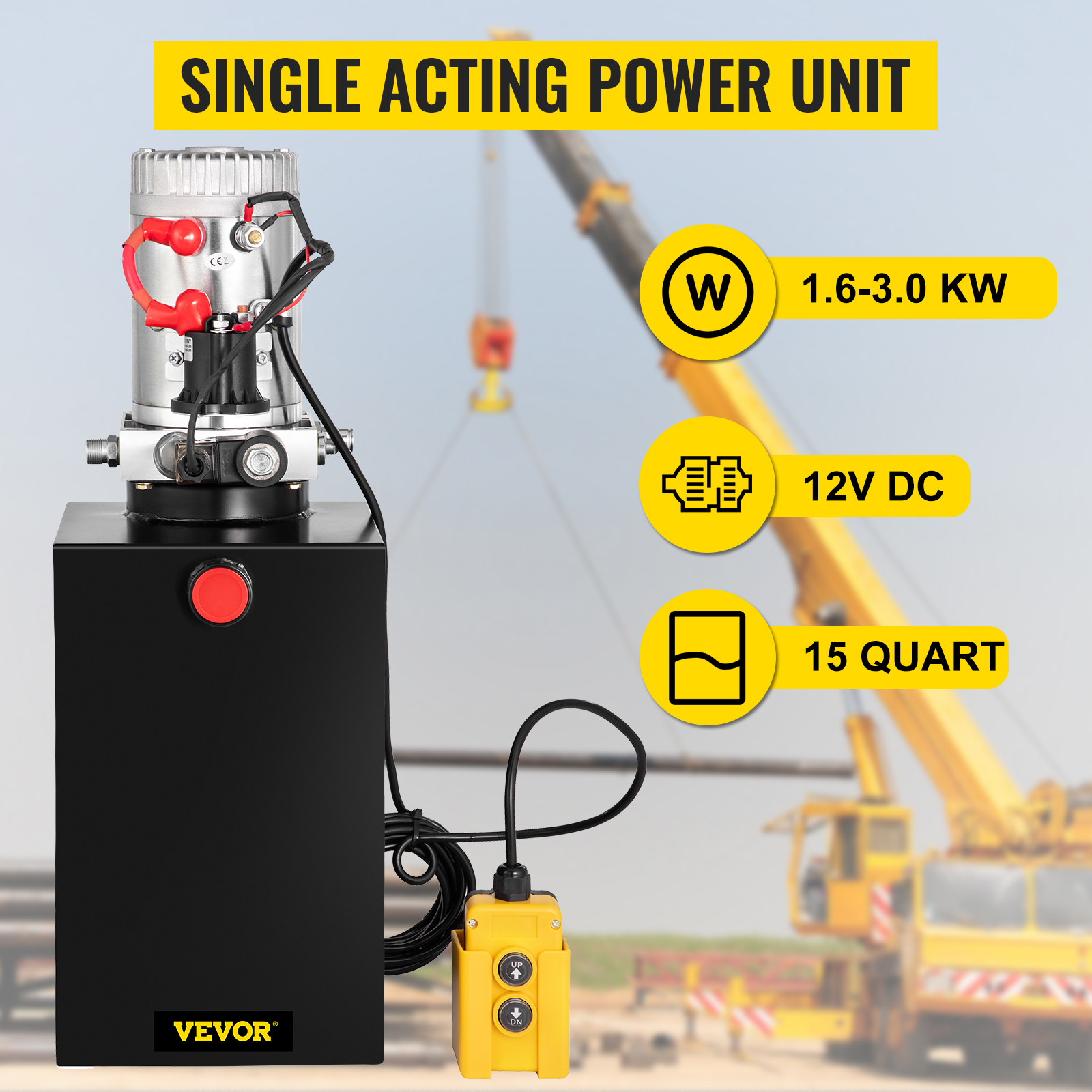 VEVOR hydraulic pump, single acting power unit, 1.6-3.0 kw, 12v dc, 15 quart capacity.