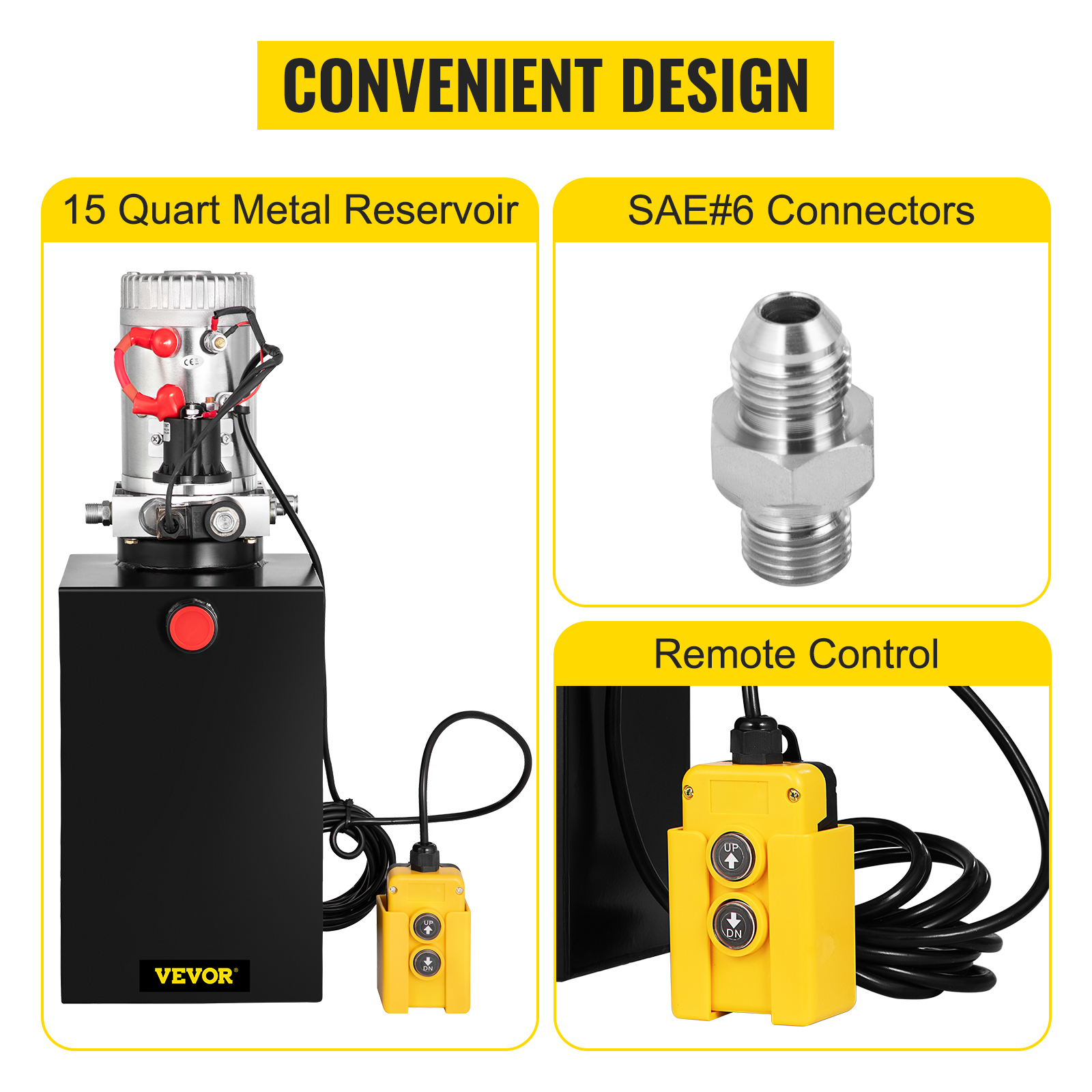 VEVOR hydraulic pump with 15 quart metal reservoir, sae#6 connectors, and remote control.