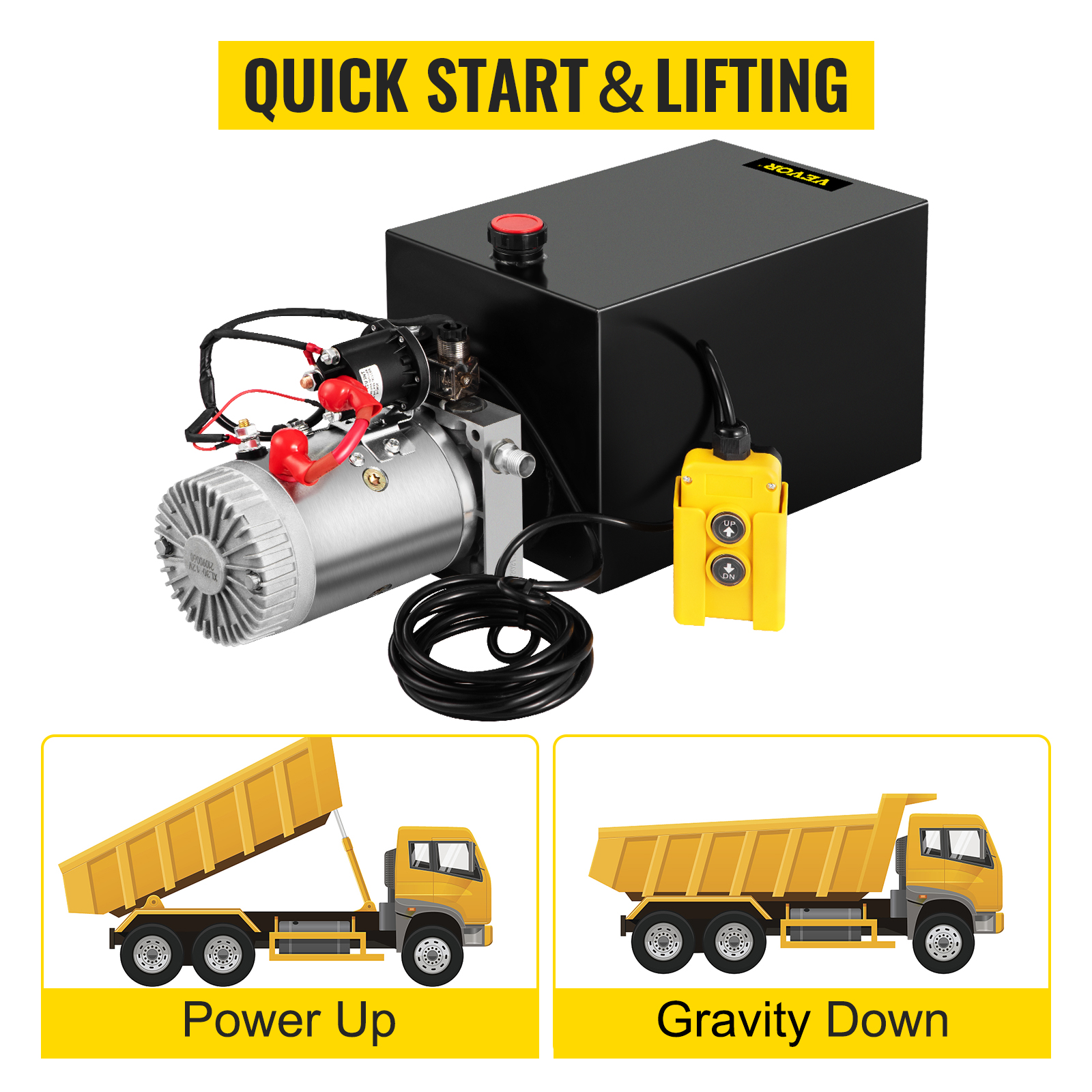 VEVOR hydraulic pump with control unit for quick lifting and lowering dump trucks.