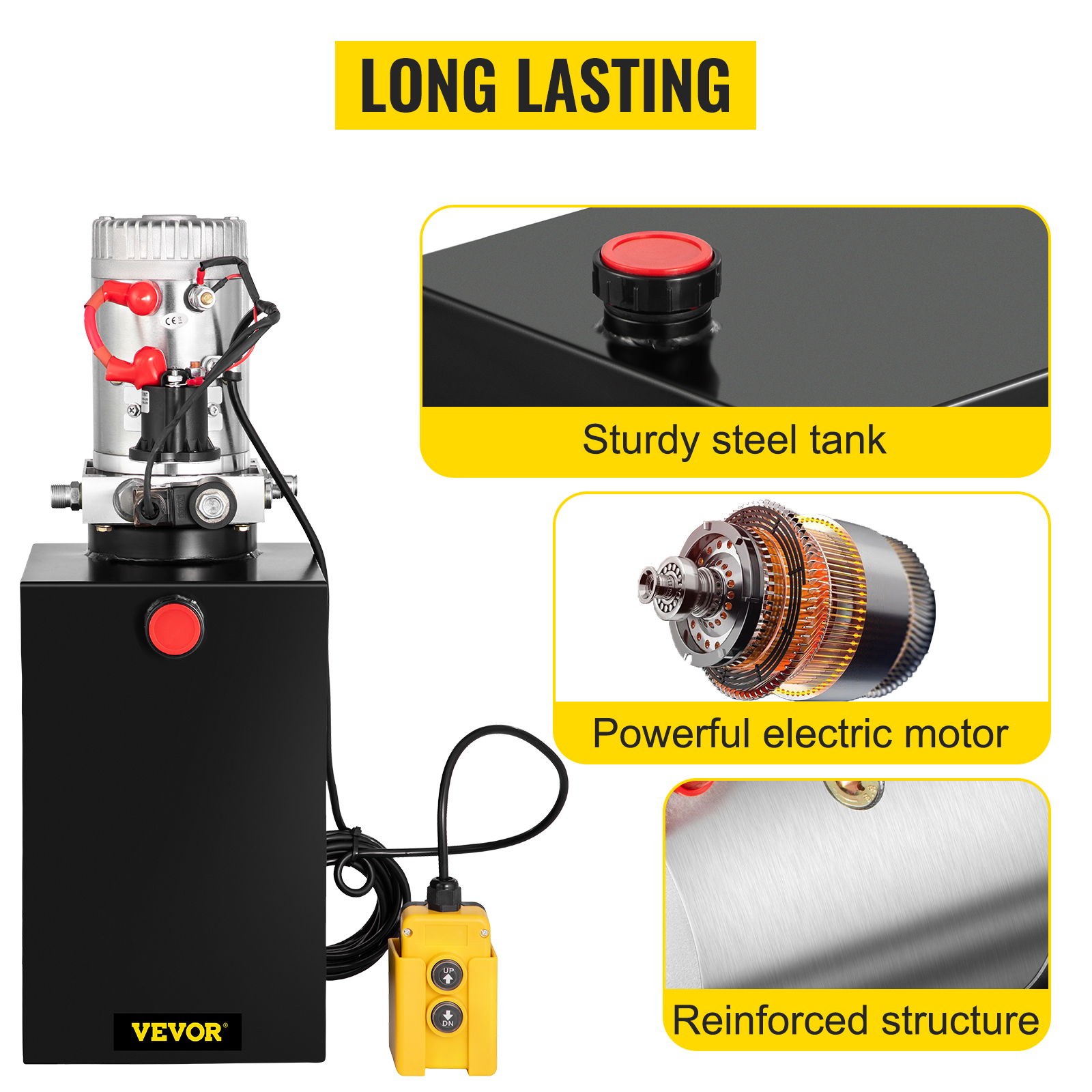 VEVOR hydraulic pump with sturdy steel tank, powerful electric motor, reinforced structure.