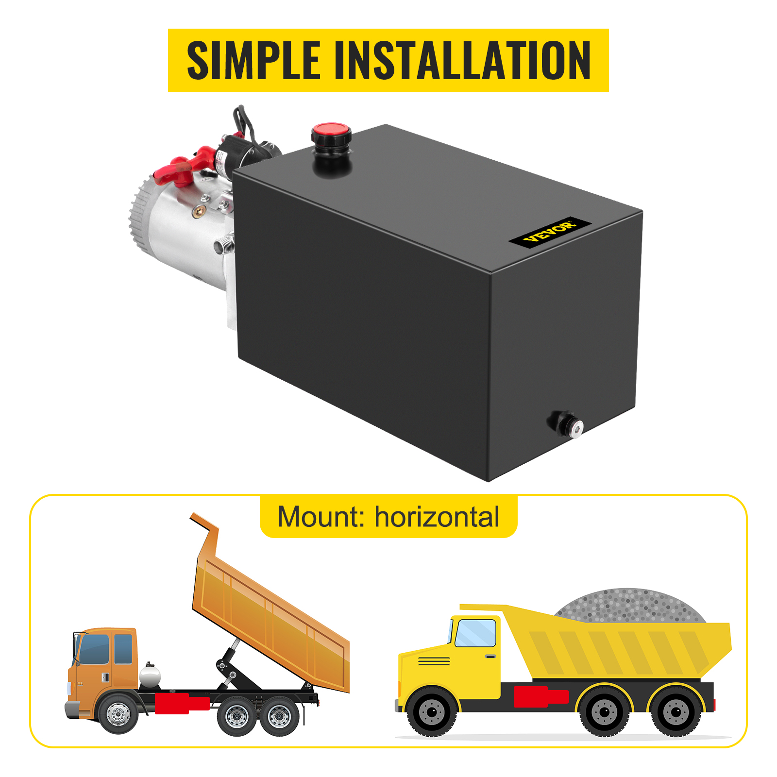 VEVOR hydraulic pump with simple installation, shown in horizontal mount on truck.