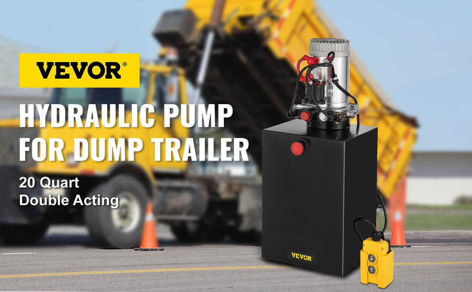 VEVOR hydraulic dump trailer pump next to yellow dump truck.