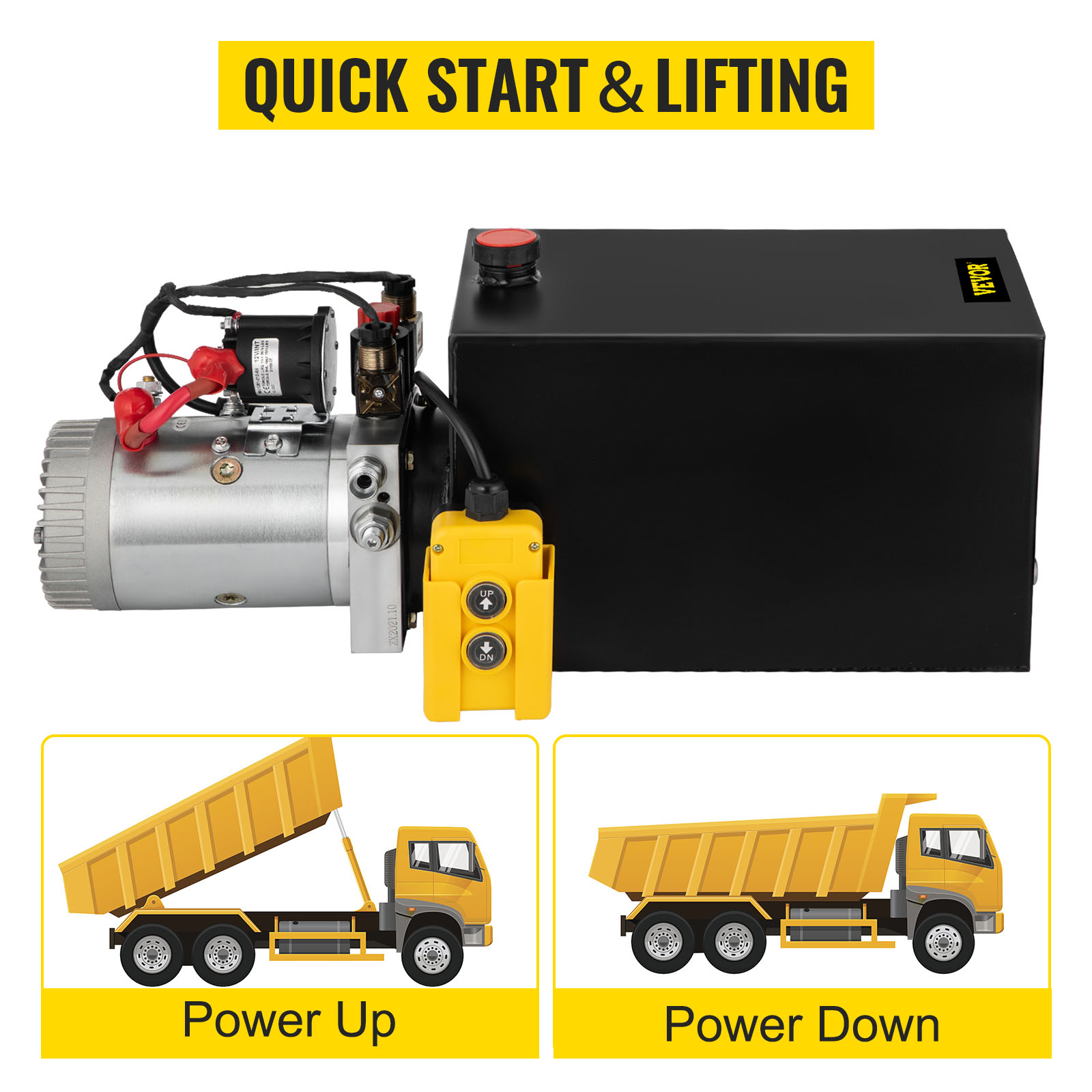 VEVOR hydraulic dump trailer pump, with quick start and lifting features.