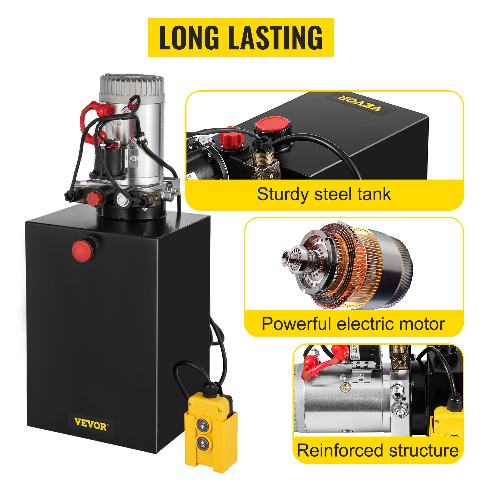 VEVOR hydraulic dump trailer pump featuring sturdy steel tank, powerful motor, reinforced structure.