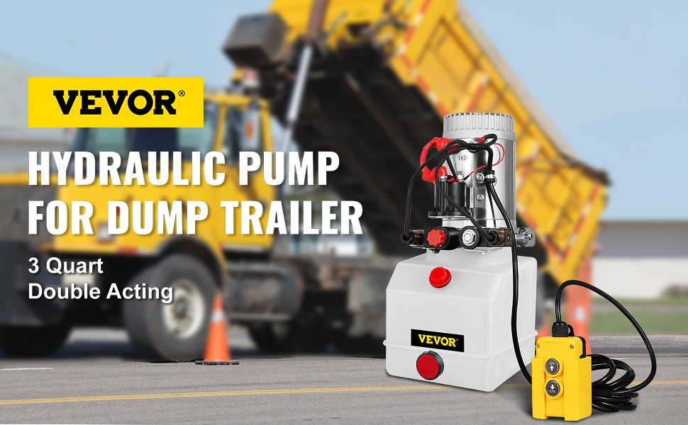 VEVOR hydraulic pump for dump trailer, 3 quart double acting, next to a dump truck.