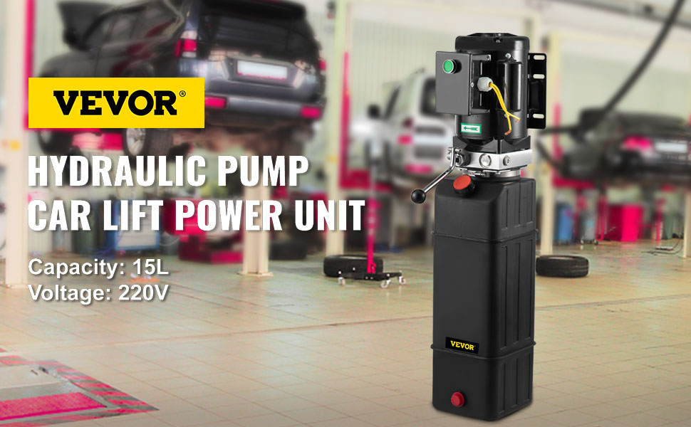 VEVOR hydraulic pump car lift power unit in auto workshop, capacity 15l, voltage 220v.