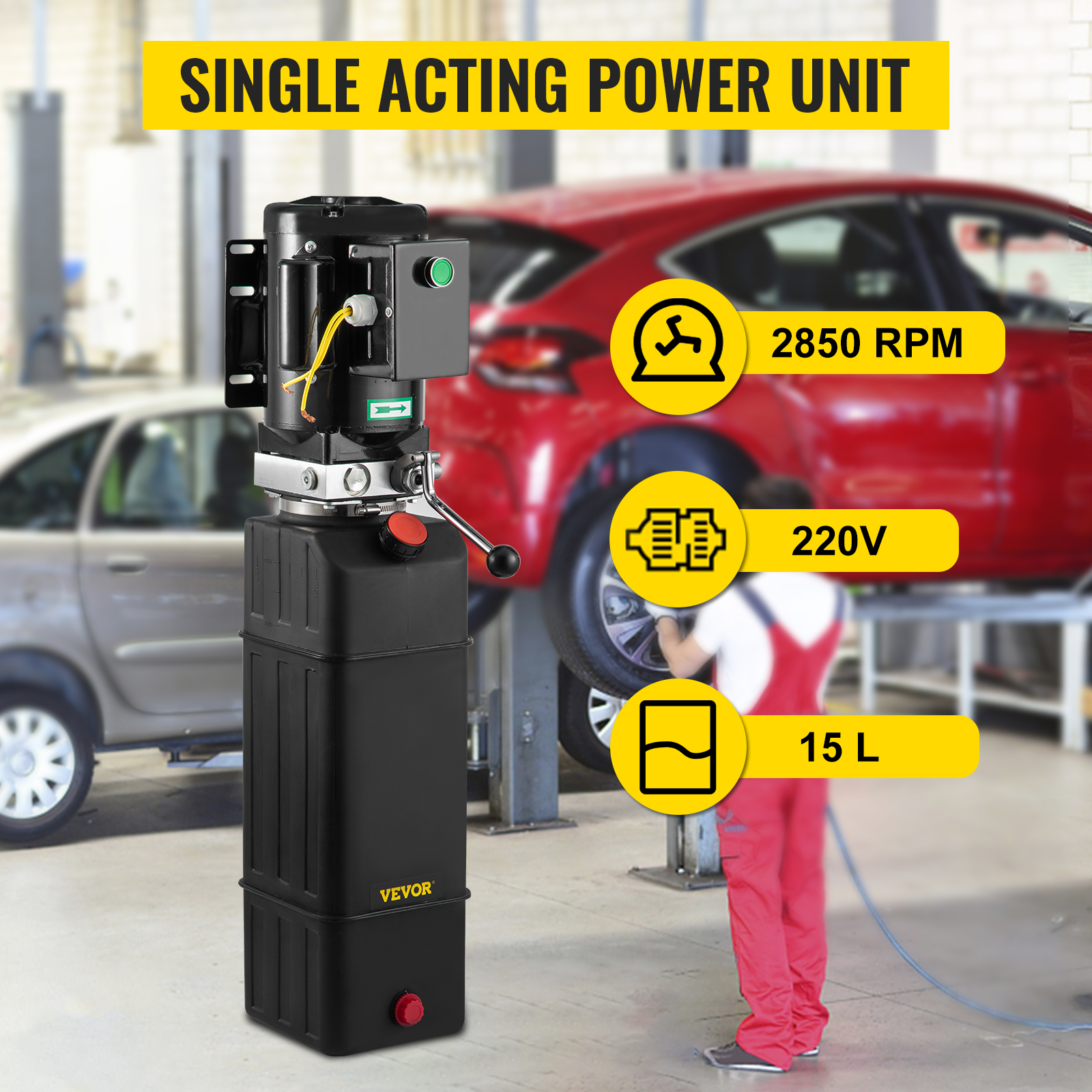 VEVOR hydraulic pump; single acting, 2850 rpm, 220v, 15l with cars in background.