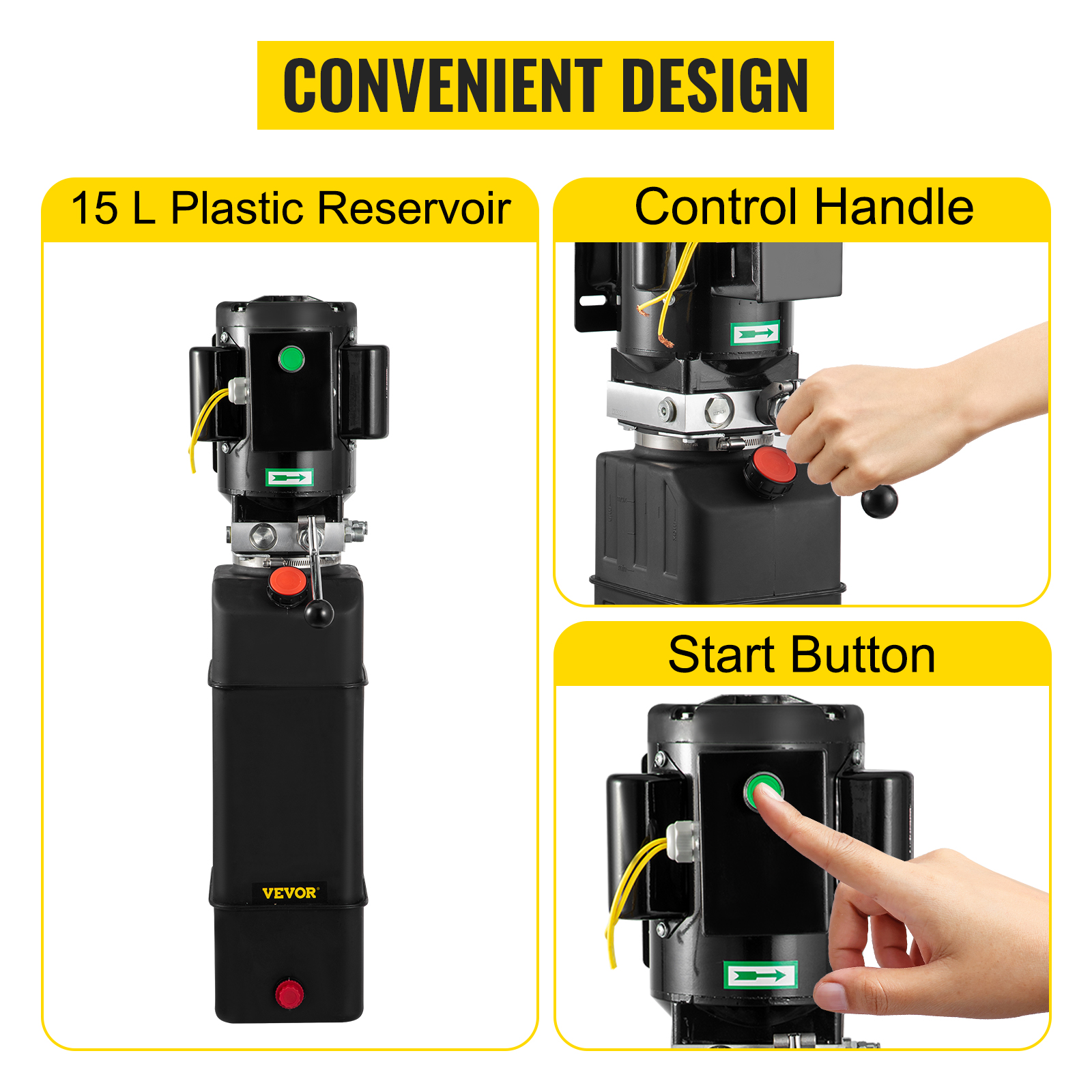 VEVOR hydraulic pump with 15l plastic reservoir, control handle, and start button.