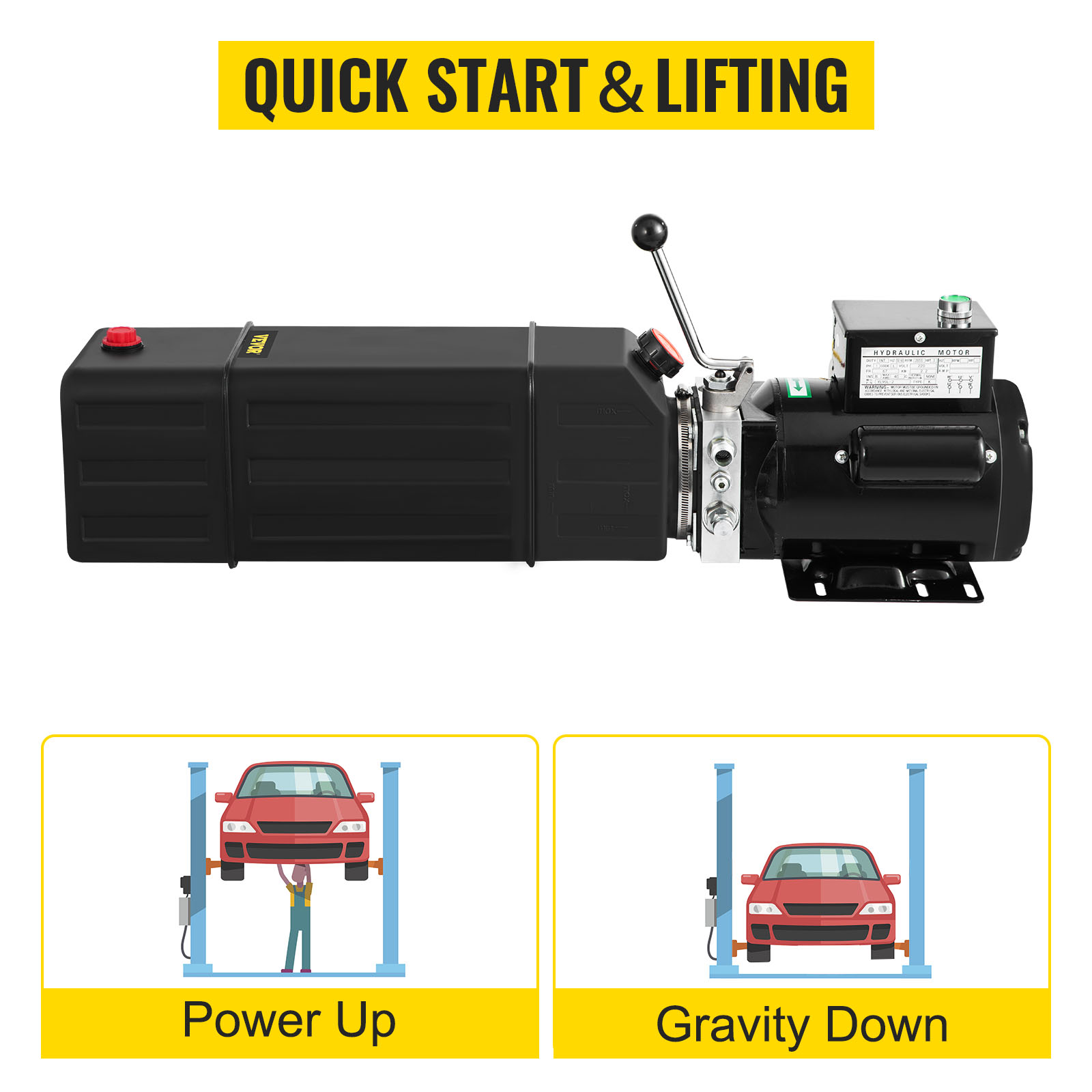 VEVOR hydraulic pump for car lifts, showcasing quick start and lifting capabilities.