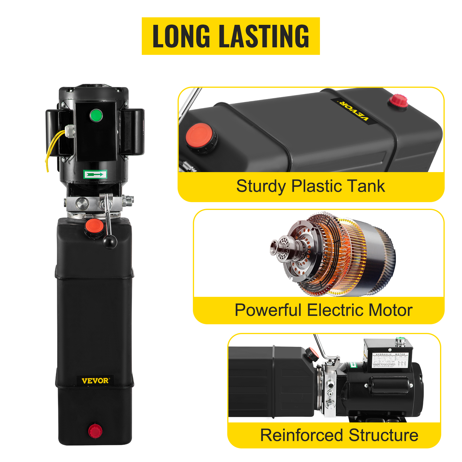 VEVOR hydraulic pump with sturdy plastic tank, powerful electric motor, reinforced structure.