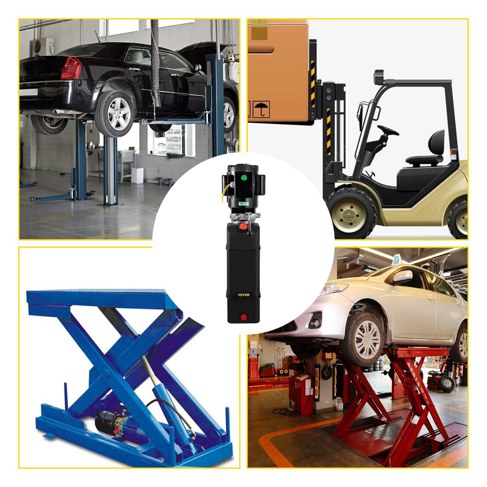 VEVOR hydraulic pump powering car lifts and forklift, essential for heavy-duty tasks.
