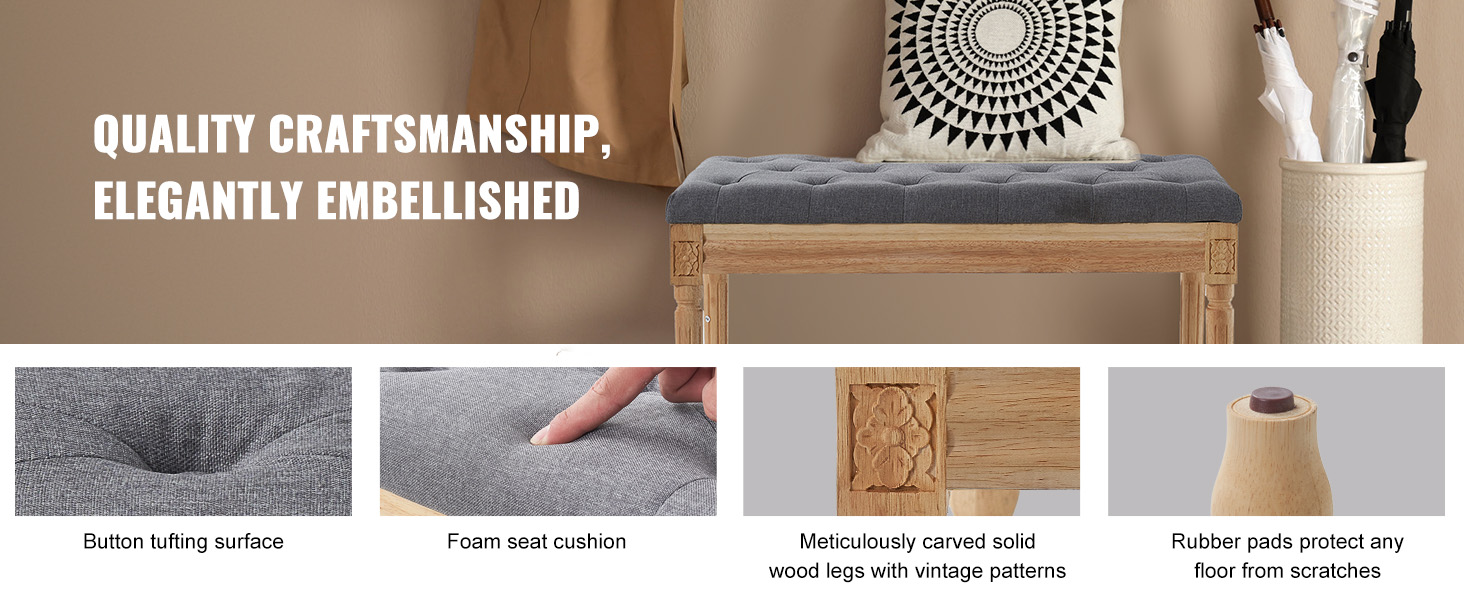 VEVOR upholstered bench with button tufting, carved wood legs, foam seat cushion, and rubber pads.