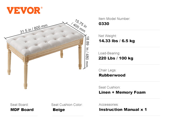 VEVOR upholstered bench with beige linen memory foam cushion, rubberwood legs, 31.5x15.75x18.89 in.