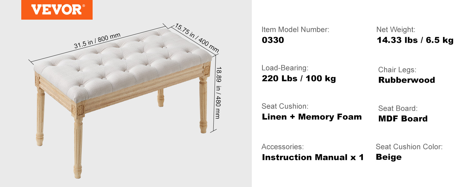 VEVOR upholstered bench with beige linen memory foam cushion, rubberwood legs, 31.5x15.75x18.89 in.