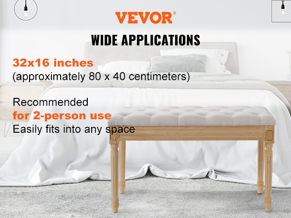 VEVOR upholstered bench, 32x16 inches, wooden legs, fits 2 people, ideal for bedroom or any space.