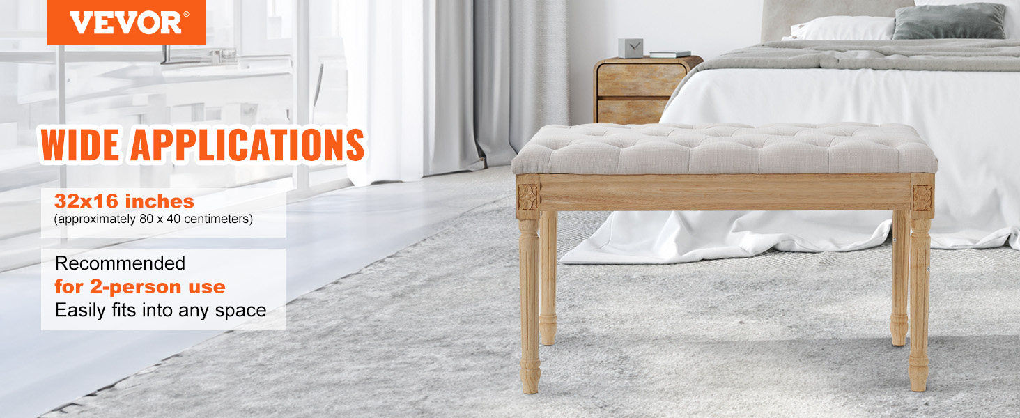 VEVOR upholstered bench, 32x16 inches, wooden legs, fits 2 people, ideal for bedroom or any space.