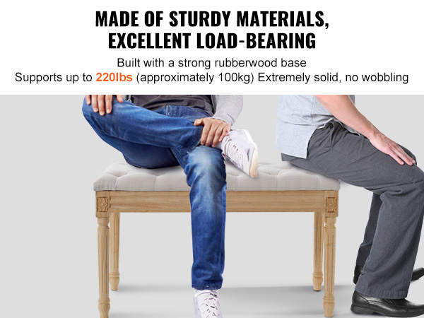 VEVOR upholstered bench supports up to 220 lbs, built with a strong rubberwood base, and offers excellent load-bearing.