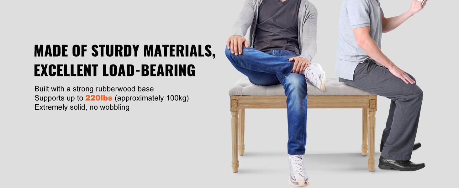 VEVOR upholstered bench supports up to 220 lbs, built with a strong rubberwood base, and offers excellent load-bearing.