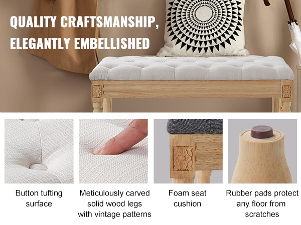 VEVOR upholstered bench with button tufting, foam seat cushion, carved wood legs, and rubber floor pads.