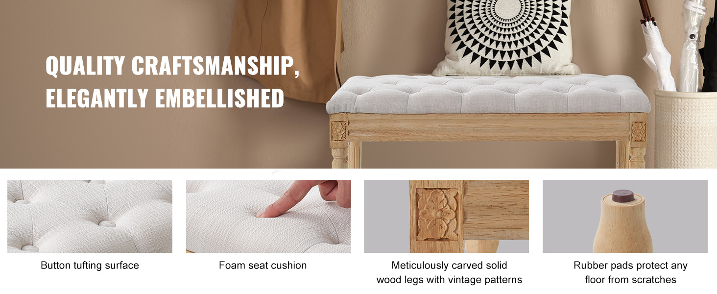 VEVOR upholstered bench with button tufting, foam seat cushion, carved wood legs, and rubber floor pads.