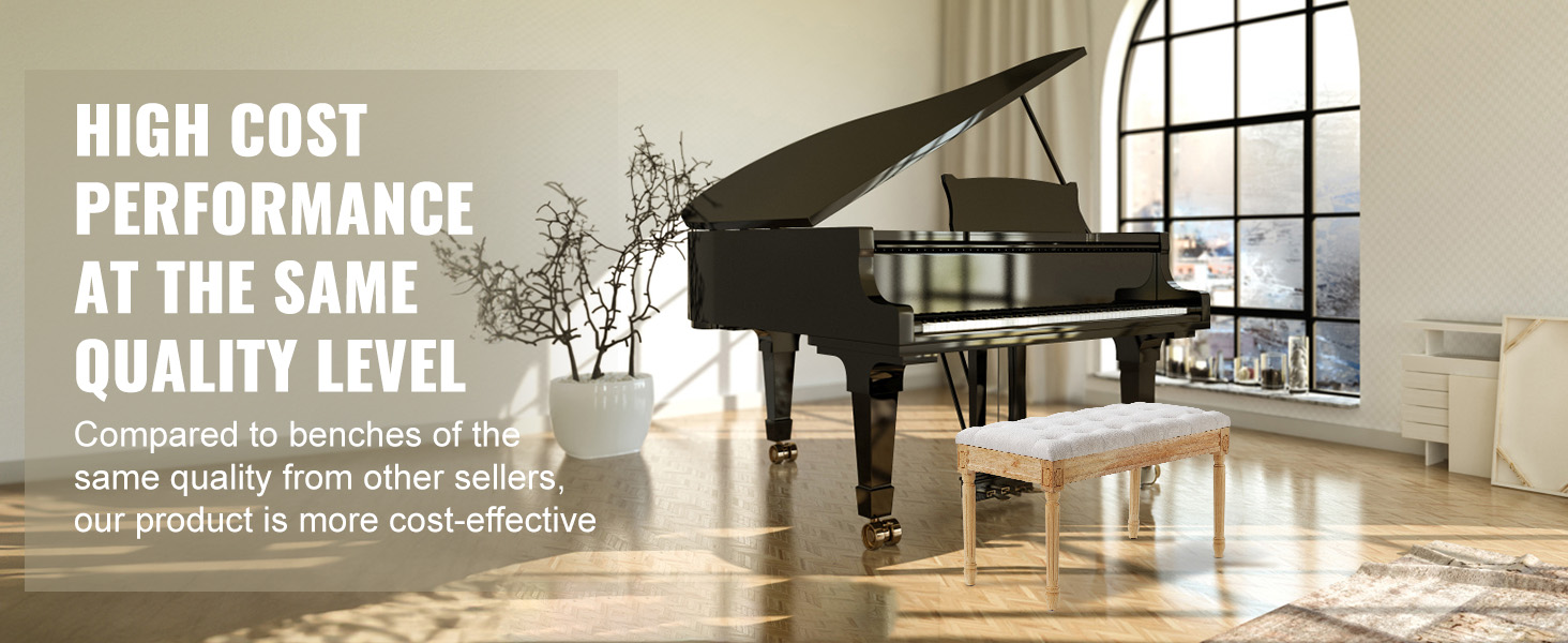 VEVOR upholstered bench in elegant room with grand piano, large window, wooden floor, and minimal decor.