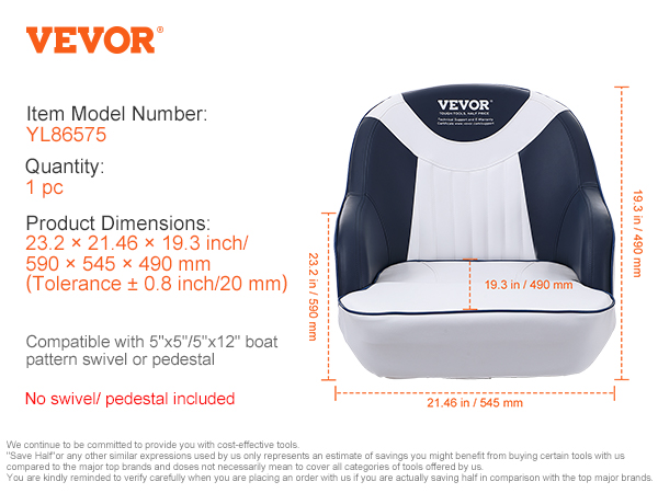 VEVOR captain bucket seat model yl86573, 23.2x21.46x19.3 inches, navy and white, no pedestal included.