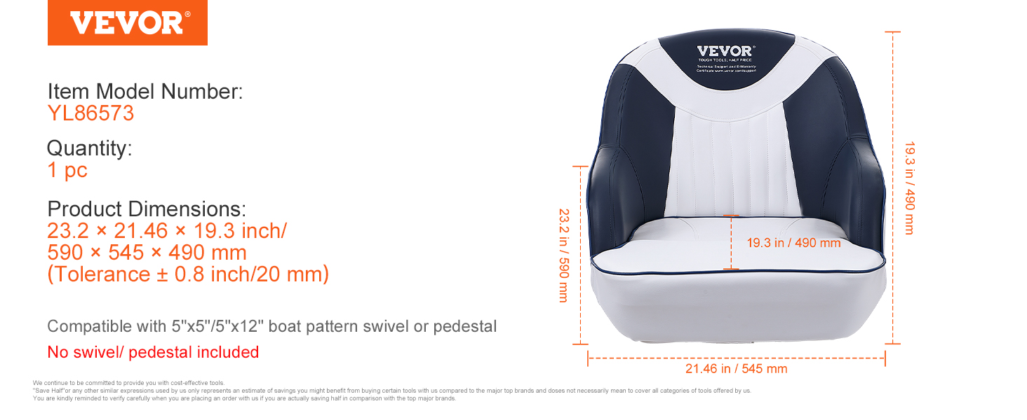 VEVOR captain bucket seat model yl86573, 23.2x21.46x19.3 inches, navy and white, no pedestal included.