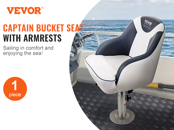 VEVOR captain bucket seat with armrests shown on a boat, offering comfort while sailing on the sea.
