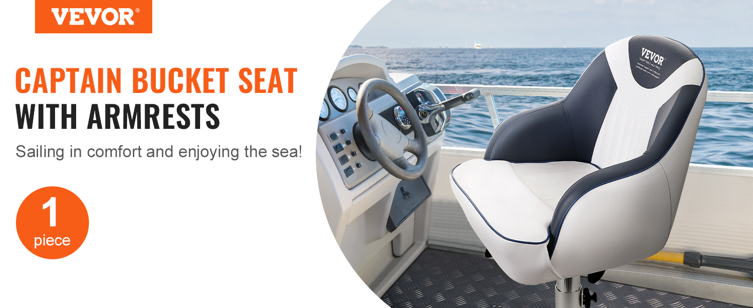 VEVOR captain bucket seat with armrests shown on a boat, offering comfort while sailing on the sea.