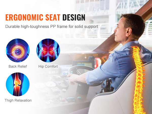 ergonomic VEVOR captain bucket seat provides back relief, hip comfort, and thigh relaxation.