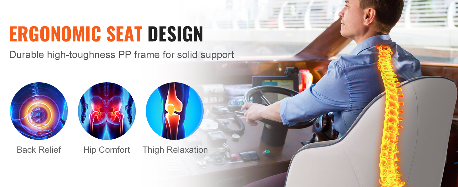 ergonomic VEVOR captain bucket seat provides back relief, hip comfort, and thigh relaxation.